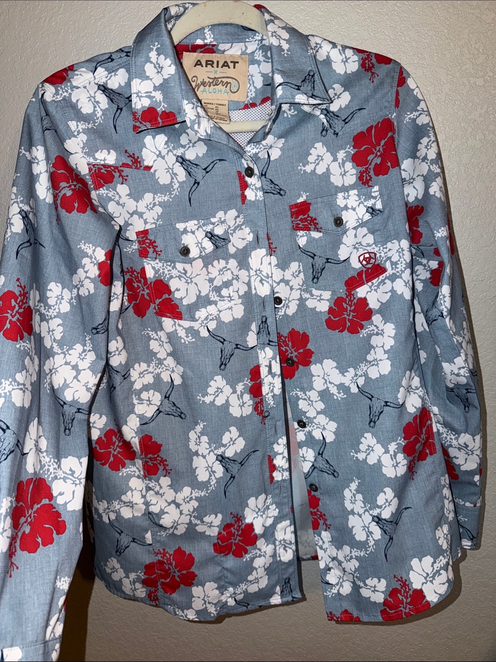 Ariat Blue Floral Western Shirt Jacket with Red & White Print